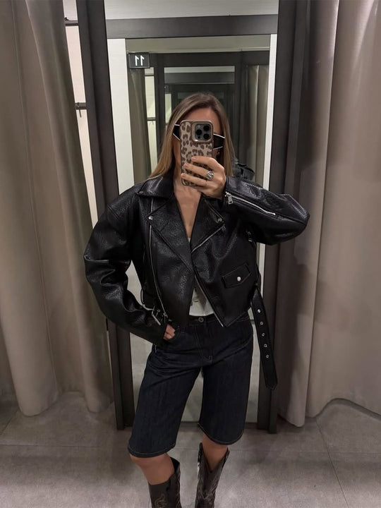 Damen Kurze strukturierte Bikerjacke aus Lederimitat Shop Nory