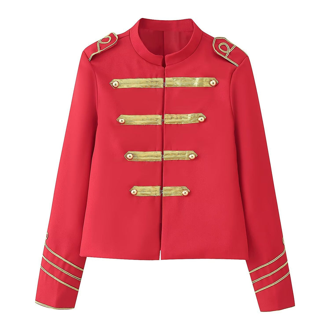 Damen Gekürzte Militärjacke mit goldbestickten Galons und Stehkragen Shop Nory