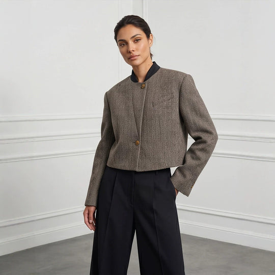Damen Kurzgeschnittener Wollblazer mit Stehkragen und Fischgrätmuster Shop Nory