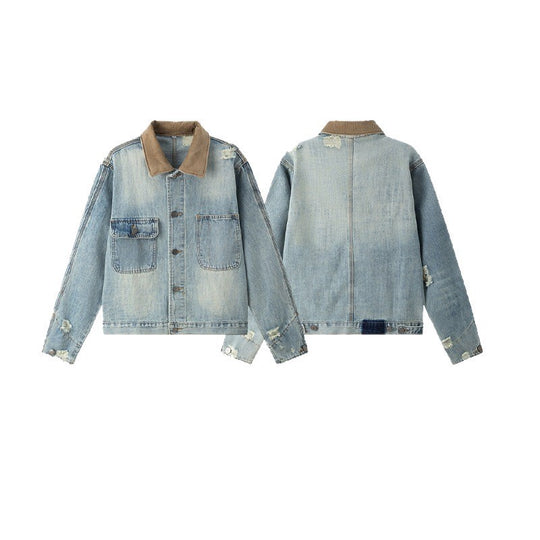 Unisex Boxy-Denimjacke im Worker‑Look mit Cordkragen, Used‑Effekt und großen Brusttaschen Shop Nory