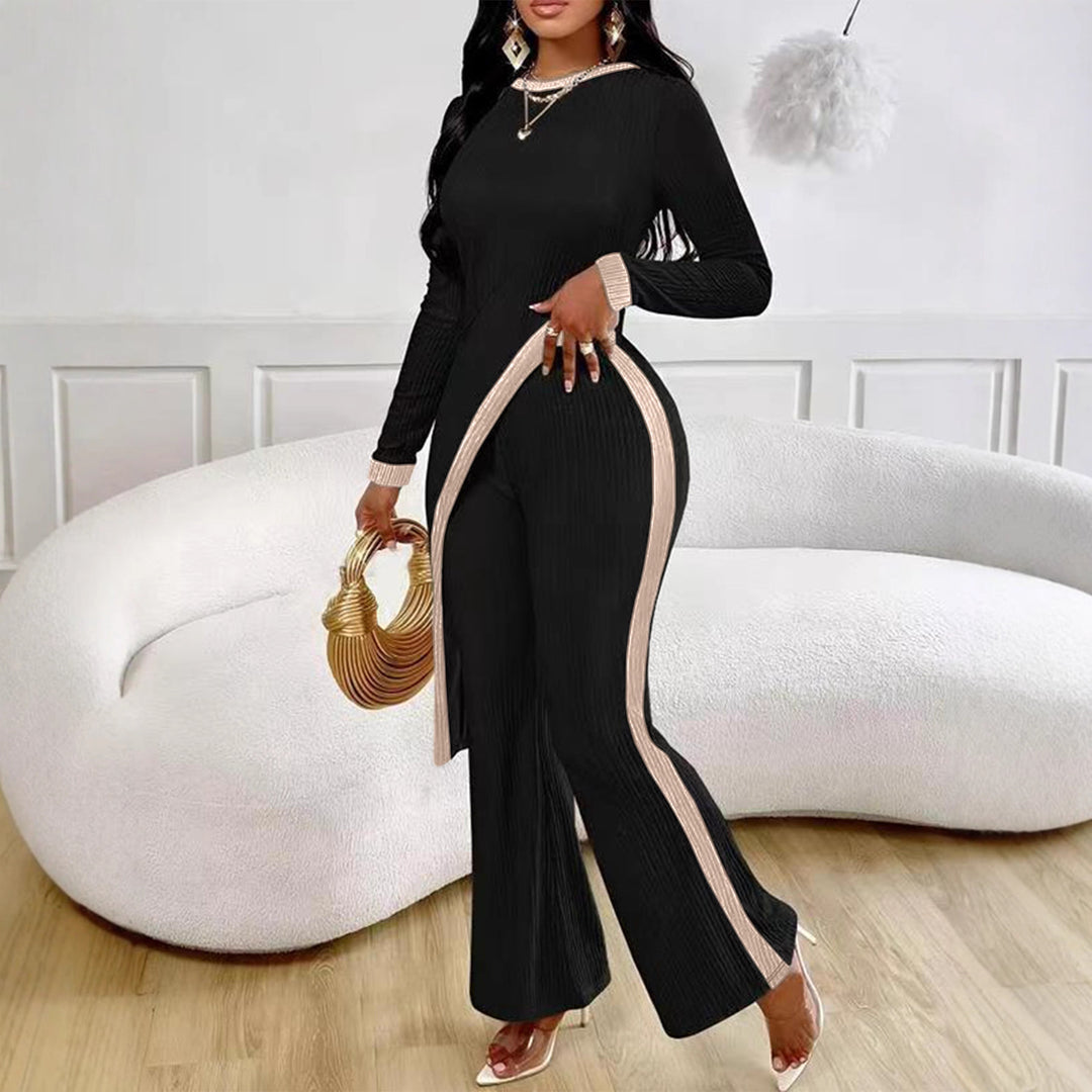 Damen nan eleganter Rippen-Jumpsuit mit asymmetrischer Wickeloptik, taillierendem Cut-Out und kontrastierenden Seitenstreifen Shop Nory