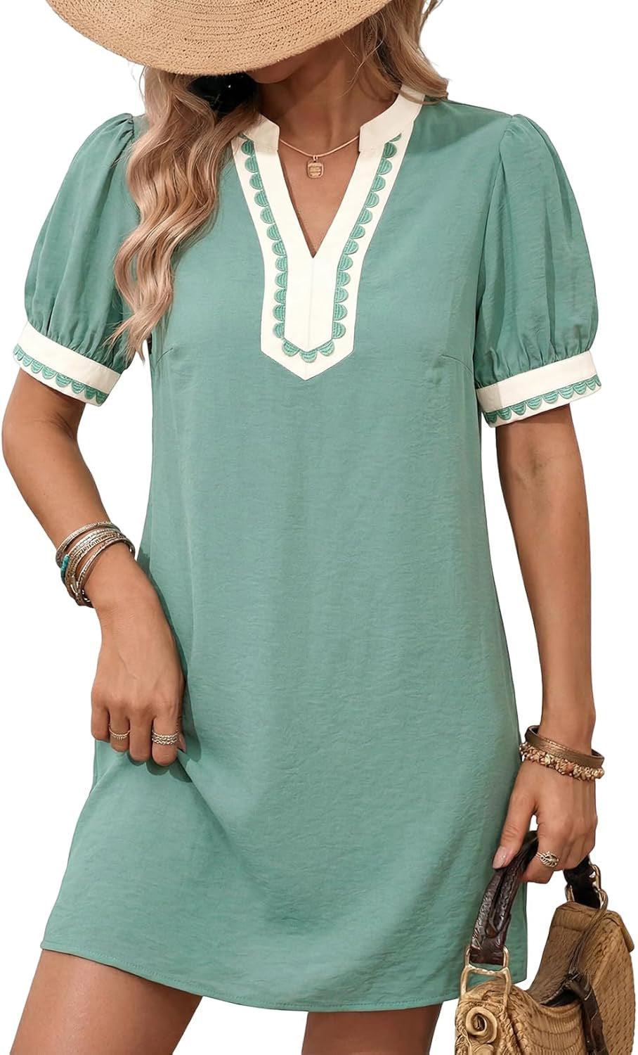 Damen Lockeres A-Linien Minikleid mit Puffärmeln, V‑Notch und kontrastierter Zierborte Shop Nory