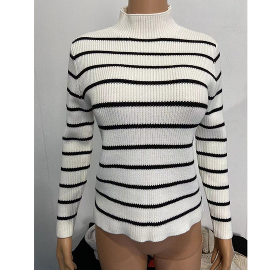 Damen Feinstrick-Pullover mit kurzem Stehkragen, Rippenstruktur und maritimen Streifen Shop Nory