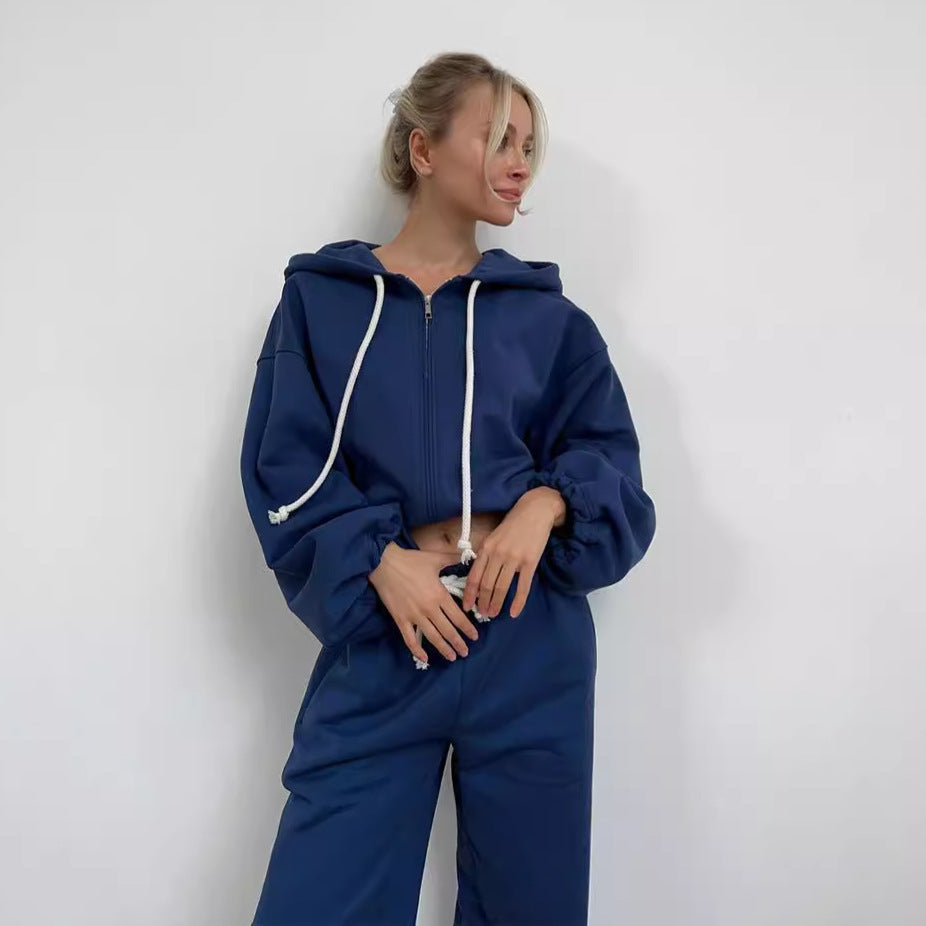 Damen kurzes Zip-Hoodie-Set mit taillenhoher Wide-Leg Jogginghose aus French-Terry Shop Nory