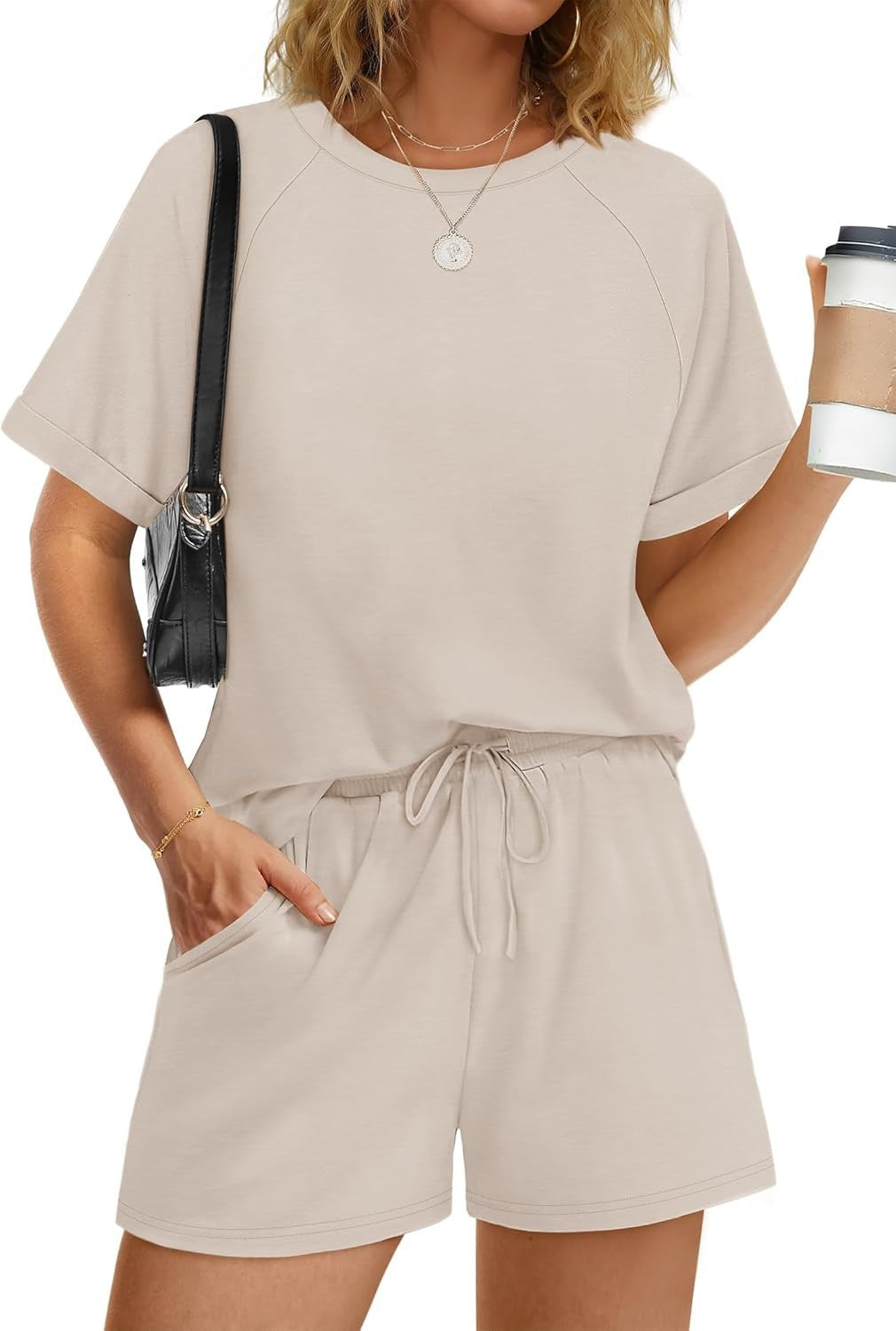 Damen lässiger Kombi aus T-Shirt und Shorts mit elastischem Bund