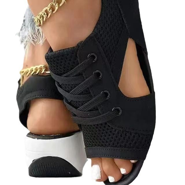 Damen Sportive Keilsandaletten mit atmungsaktivem Mesh, offenen Zehen und Schnürung Shop Nory