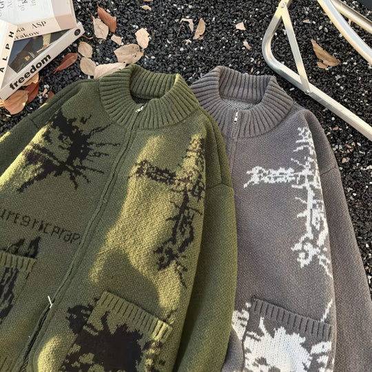 Unisex Grobgestrickte Zip‑Strickjacke mit hohem Rippenkragen, Jacquardmuster und aufgesetzten Taschen Shop Nory