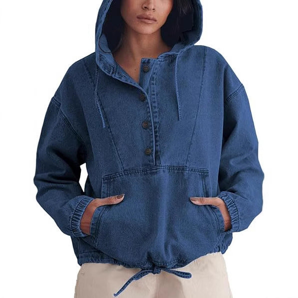 Damen Jeans-Halbanorak mit Kapuze, Kängurutasche und Tunnelzug Shop Nory