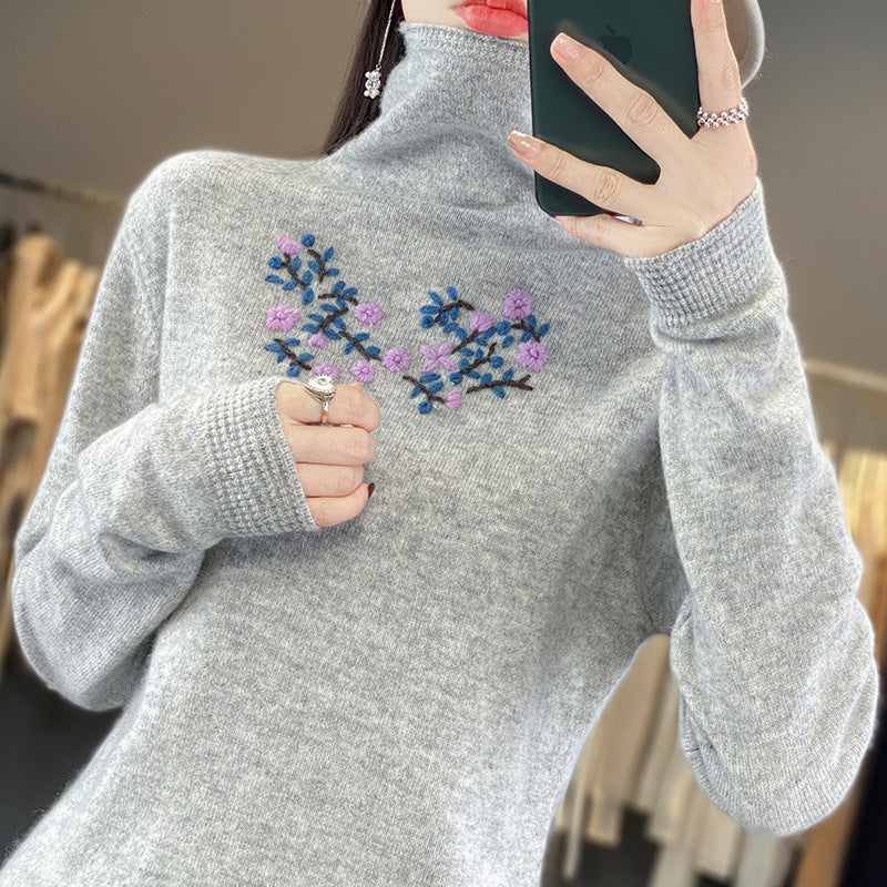Damen Kaschmir‑Optik Rollkragenpullover mit zarter Blumenstickerei am Brustbereich Shop Nory