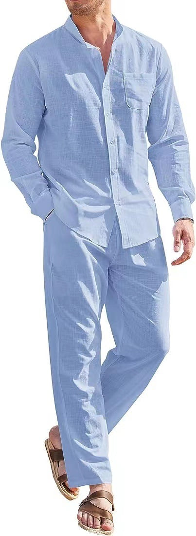 Herren lässiges Leinenanzugset mit offenem Kragen und seitlichen Taschen