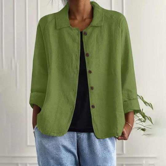 Damen Oversized Leinen-Hemdjacke mit Hemdkragen, 3/4-Ärmeln und durchgehender Knopfleiste Shop Nory