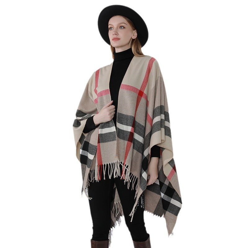 Damen Oversize-Poncho im Kaschmir‑Touch mit V‑Ausschnitt und Fransensaum Shop Nory