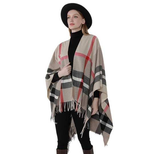 Damen Oversize-Poncho im Kaschmir‑Touch mit V‑Ausschnitt und Fransensaum Shop Nory