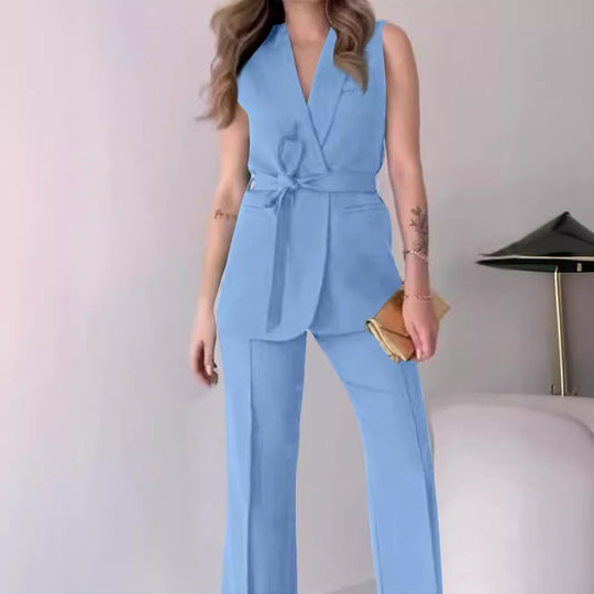 Damen Ärmelloses Blazer-Set mit tailliertem Bindegürtel und High-Waist Schlaghose Shop Nory