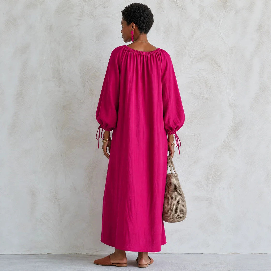 Damen Maxikleid im Kaftan-Stil mit gerafftem Rundhalsausschnitt, Ballonärmeln und Eingrifftaschen Shop Nory