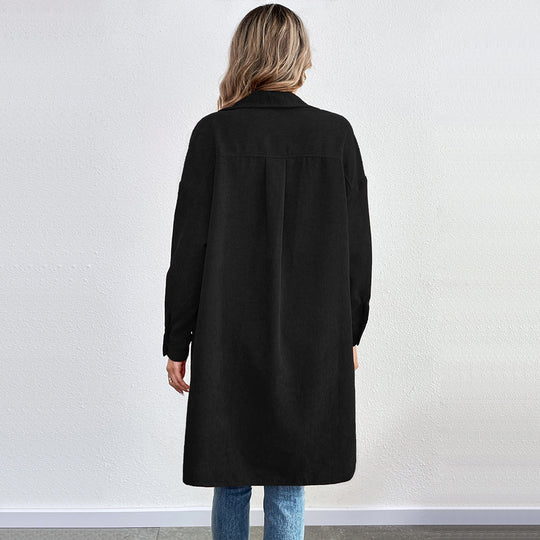 Damen lange Oversize-Cord-Hemdjacke mit durchgehender Knopfleiste und Hemdblusen-Kragen Shop Nory