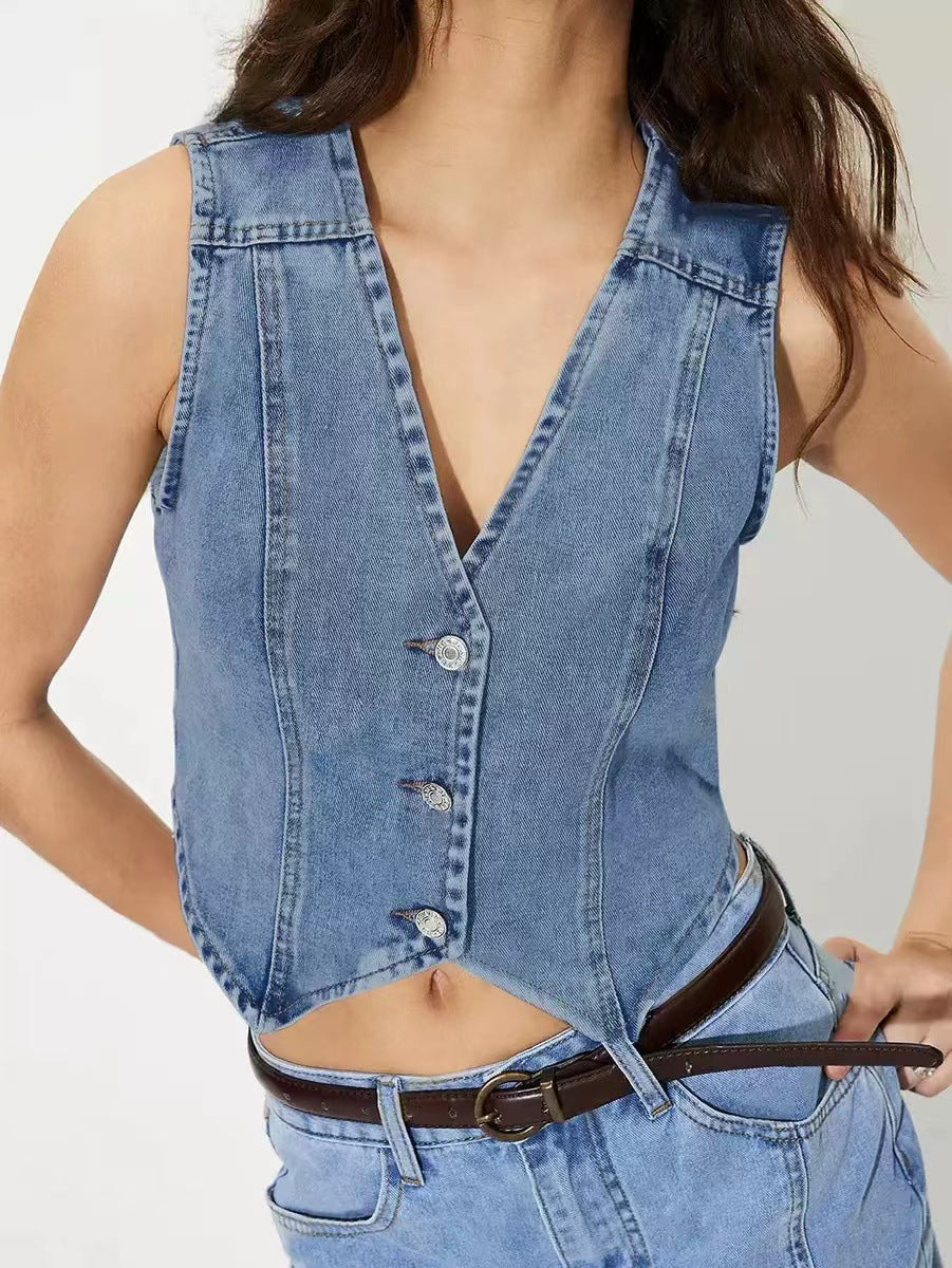 Damen taillierte ärmellose Jeansweste mit V-Ausschnitt Shop Nory