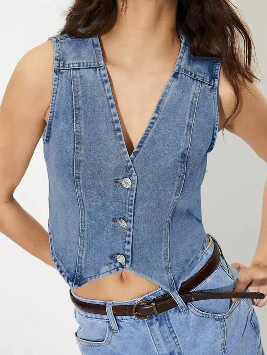 Damen taillierte ärmellose Jeansweste mit V-Ausschnitt Shop Nory