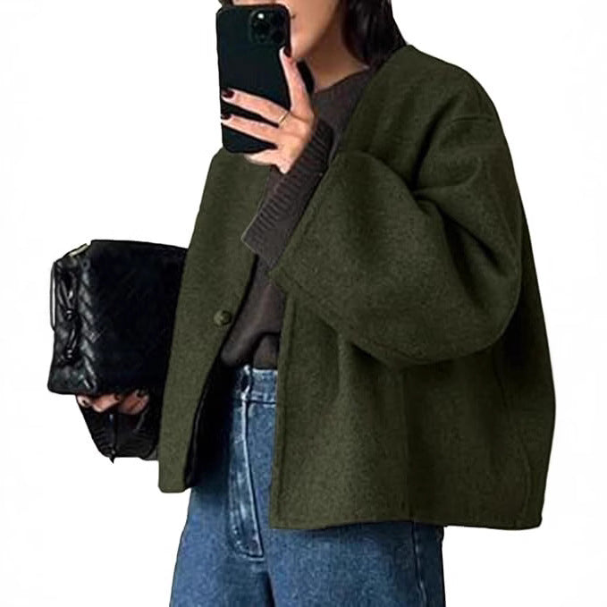 Damen Kurz geschnittene Oversize Wolljacke mit kastigem Schnitt und Ein-Knopf-Verschluss Shop Nory