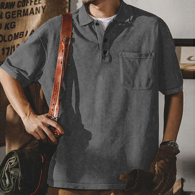 Herren nan locker geschnittenes Baumwoll-Poloshirt mit aufgesetzter Brusttasche und kurzer Knopfleiste