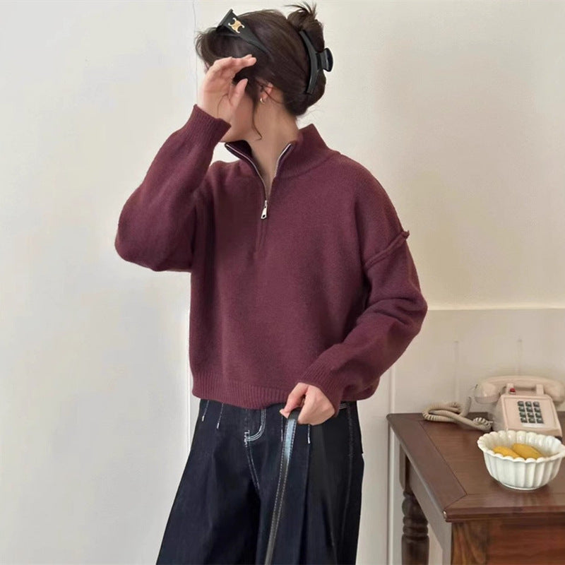 Damen lässiger Pullover mit kurzem Reißverschluss und entspannter Passform Shopnory