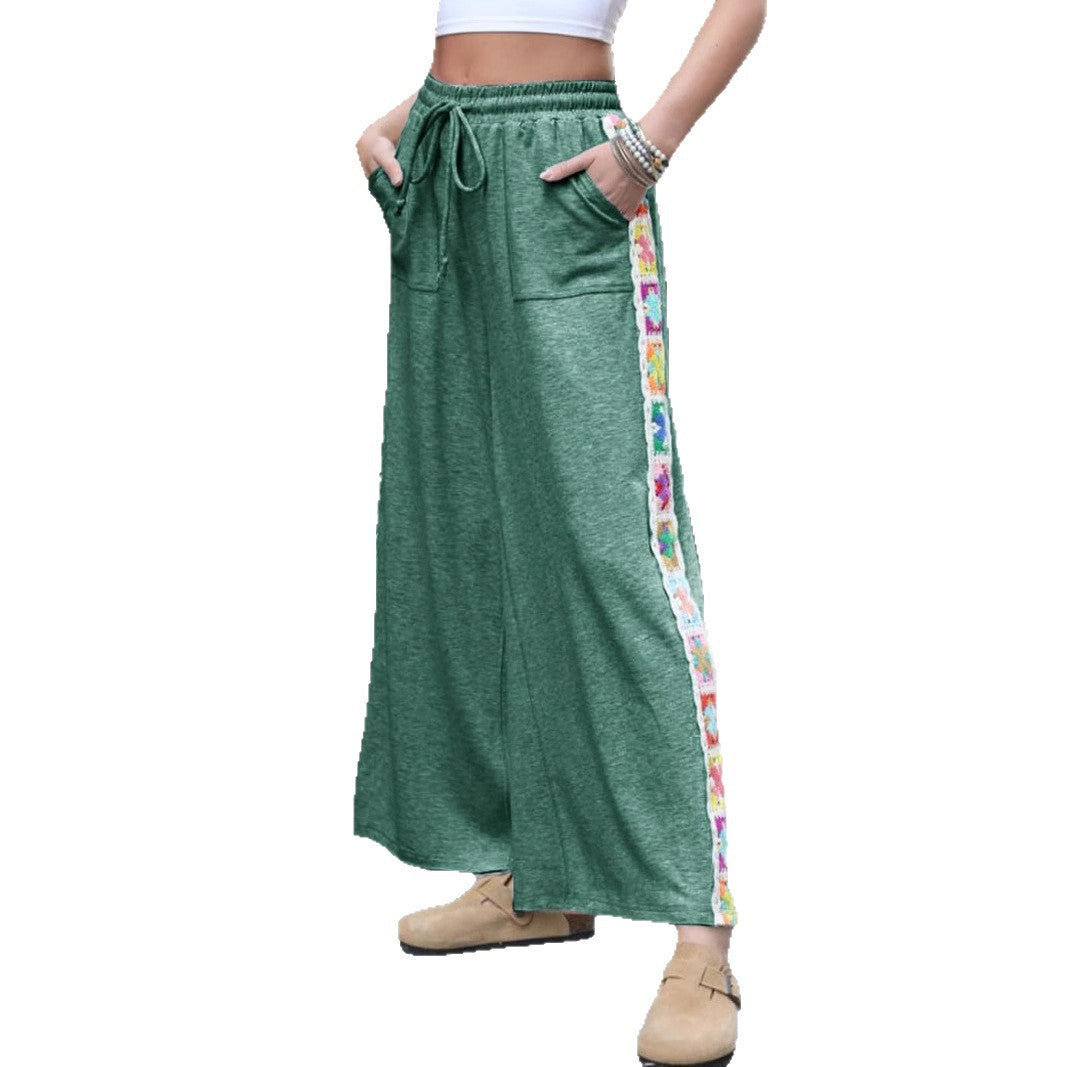 Damen weite Jersey-Hose mit hohem Gummibund, Kordelzug und gehäkeltem Seitenstreifen Shop Nory