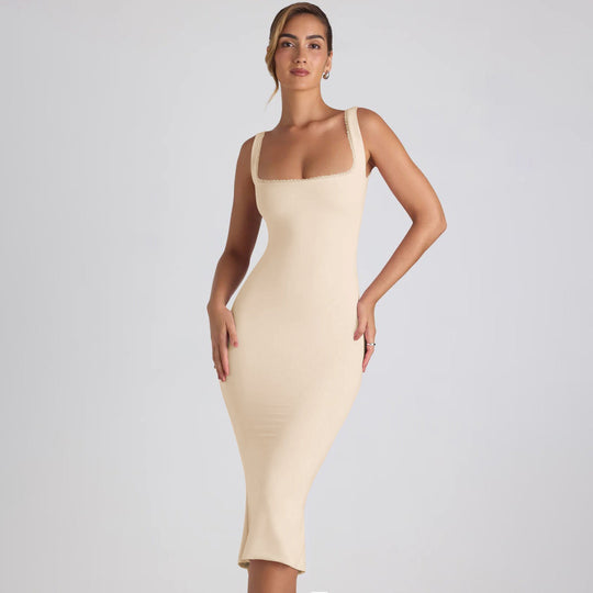 Damen figurbetontes Midikleid mit quadratischem Ausschnitt und Spitzenakzenten
