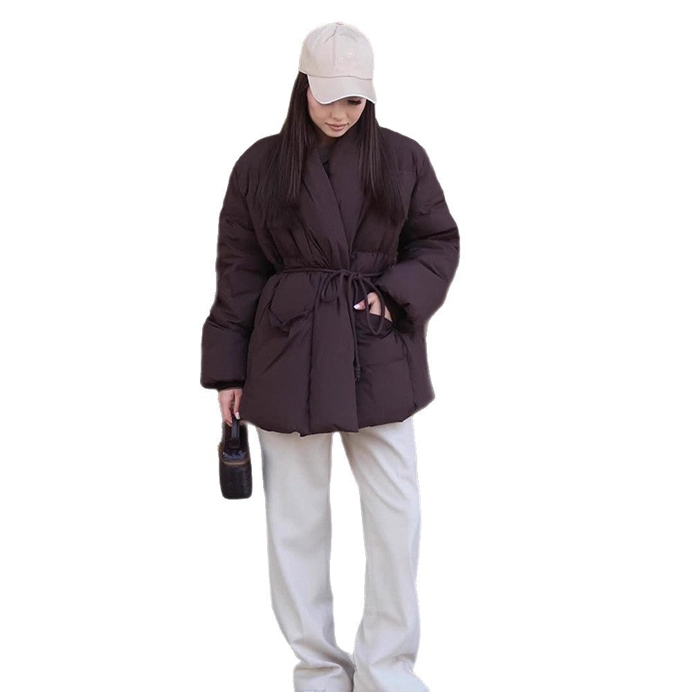 Damen Gesteppte Taillierte Steppjacke mit Schalkragen und Bindegürtel Shop Nory