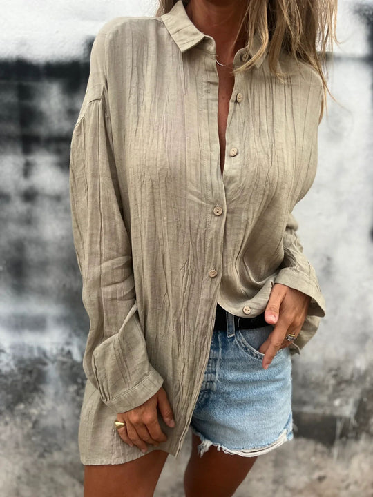 Damen nan lässige Oversize-Tunikahemd mit Leinenstruktur, Holzknopfleiste und verlängertem Saum Shop Nory