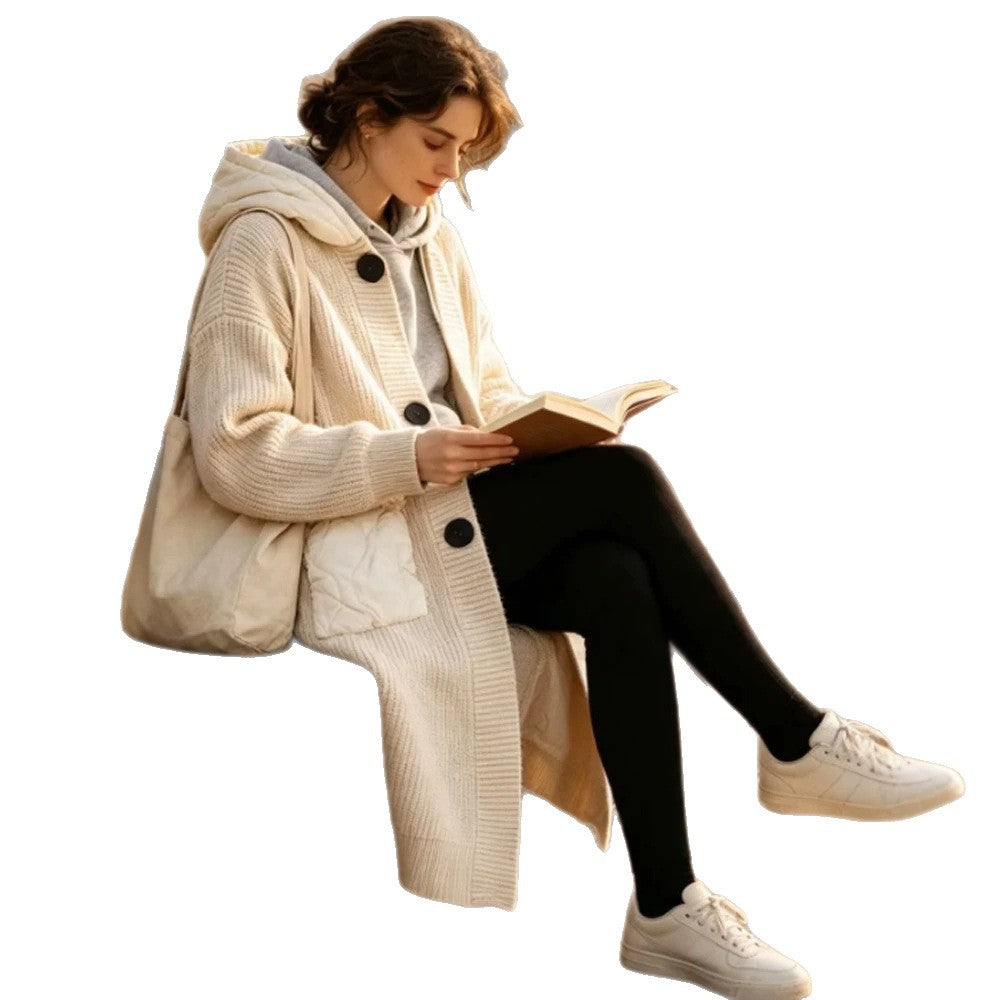 Damen Langer Grobstrick‑Mantel mit Kapuze, Rippbündchen & aufgesetzten Taschen Shop Nory