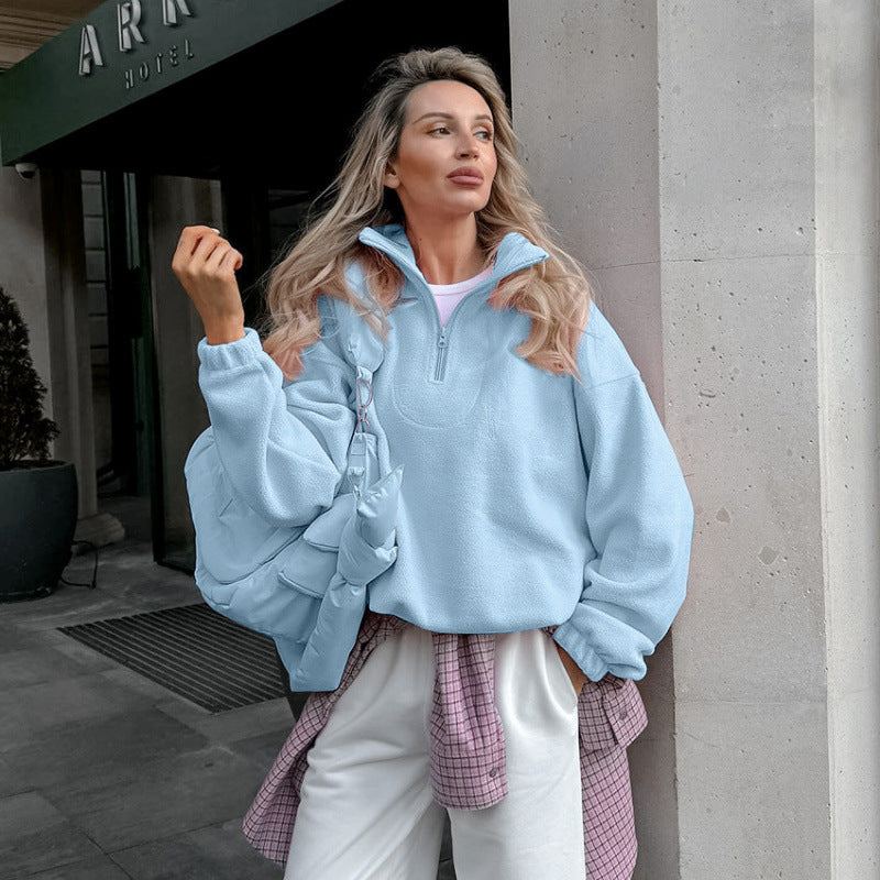Damen Oversized Fleecepullover mit halbem Reißverschluss und Stehkragen Shop Nory