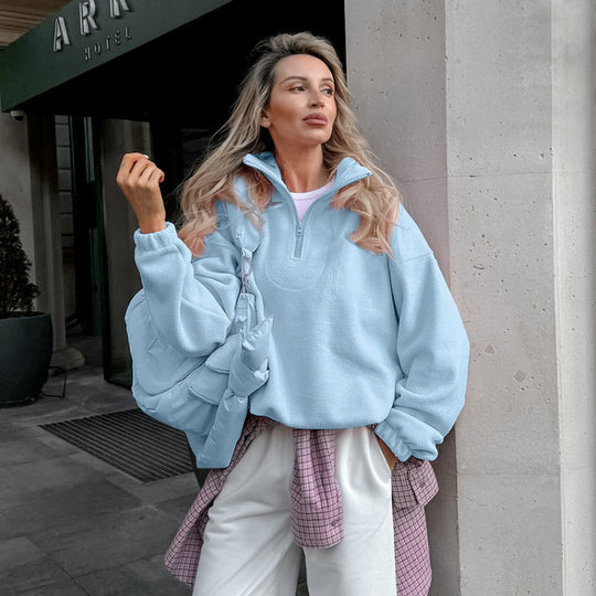 Damen Oversized Fleecepullover mit halbem Reißverschluss und Stehkragen Shop Nory