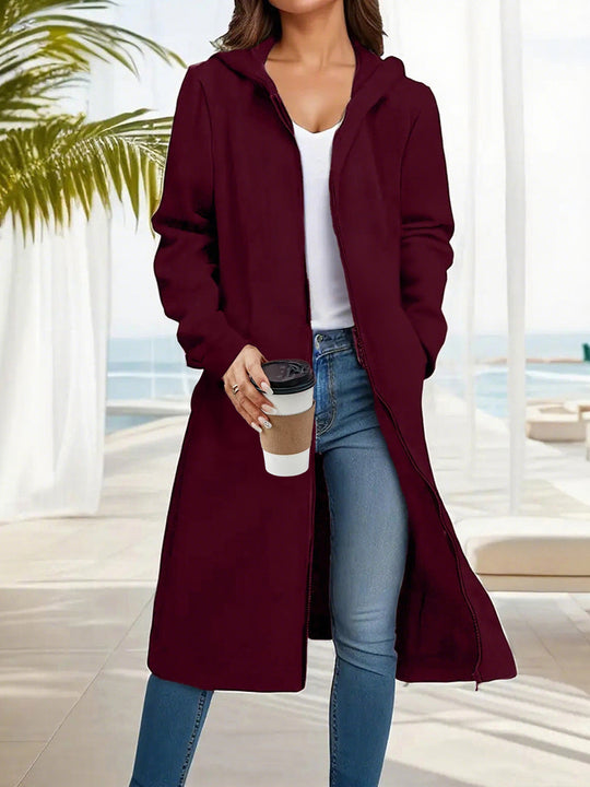 Damen Langer Kapuzen‑Mantel mit durchgehendem Reißverschluss und legerer A‑Linie Shop Nory