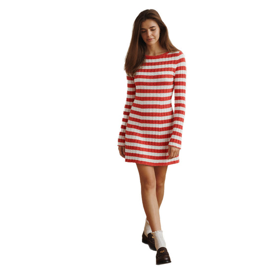 Damen figurbetontes geripptes Strickkleid mit Rundhalsausschnitt und langen Ärmeln Shop Nory