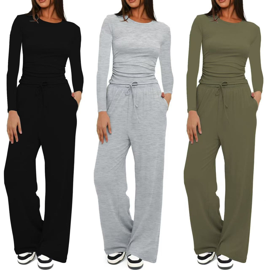 Damen Figurbetontes Longsleeve mit seitlicher Raffung und High-Waist Palazzo-Jogginghose Set Shop Nory