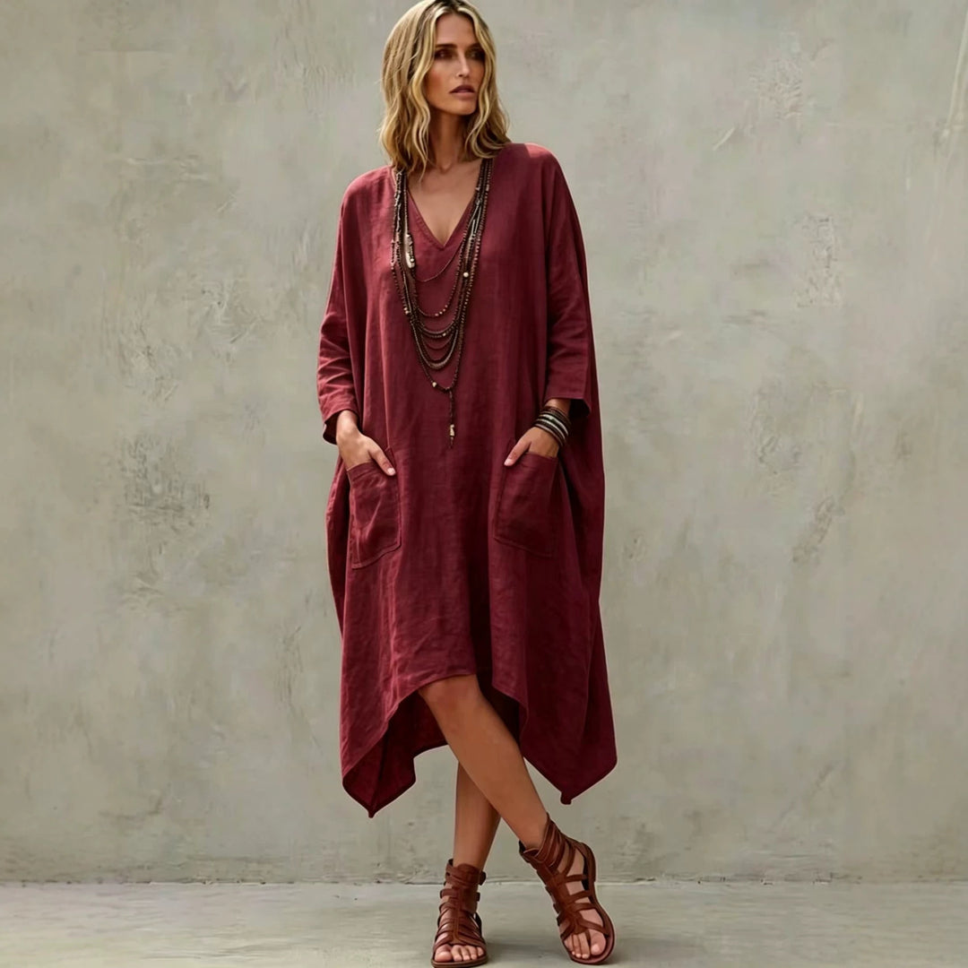 Damen nan Oversize Kaftankleid mit V-Ausschnitt, Eingrifftaschen und asymmetrischem Saum Shop Nory