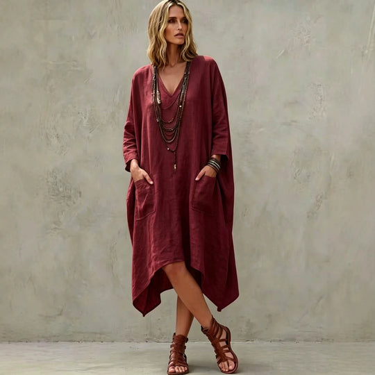 Damen nan Oversize Kaftankleid mit V-Ausschnitt, Eingrifftaschen und asymmetrischem Saum Shop Nory