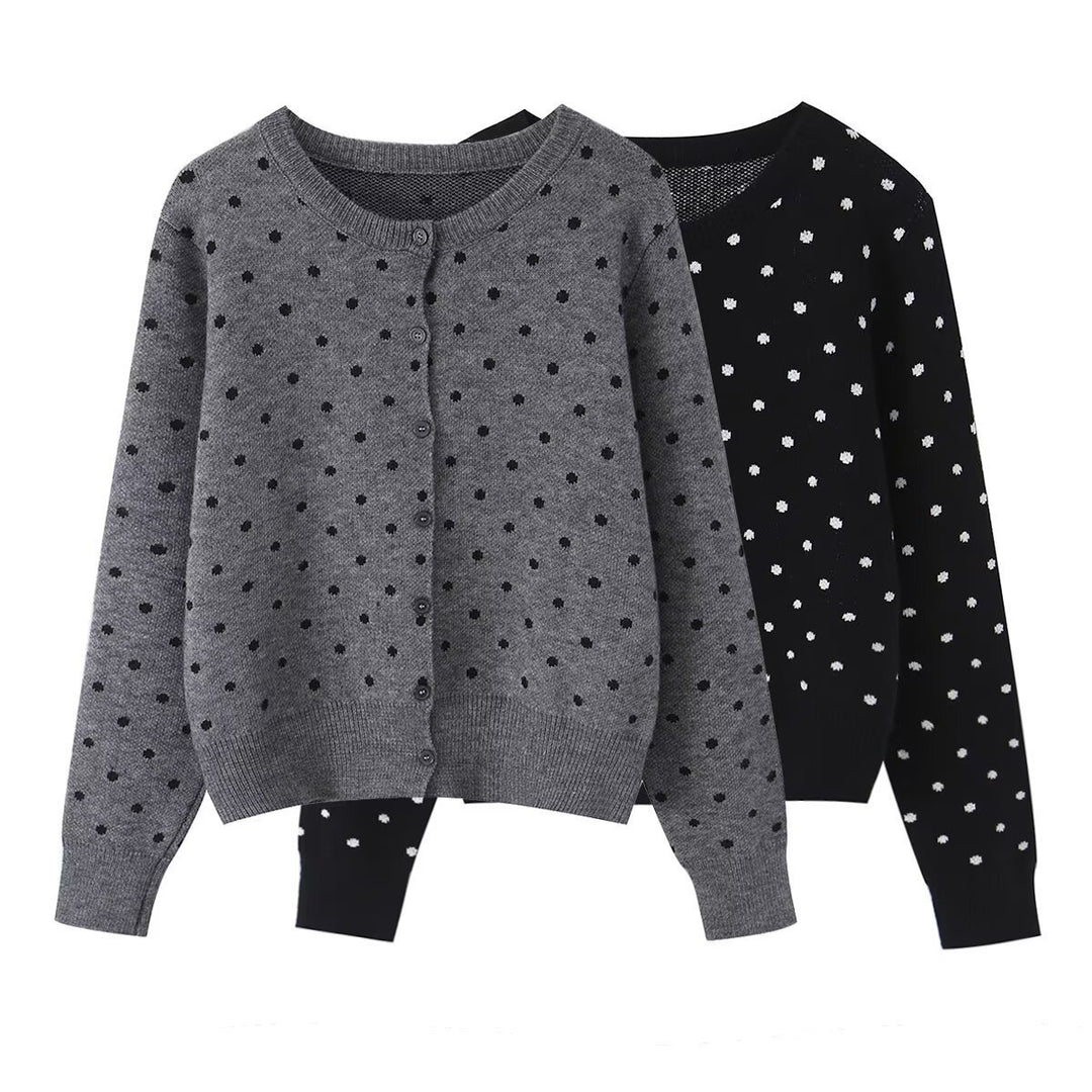 Damen Kurz geschnittene fein gestrickte Cardigan mit Rundhalsausschnitt, Knopfleiste und Allover‑Punktmuster Shop Nory