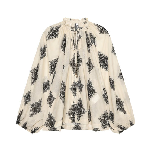 Damen Leichte Chiffon-Tunika mit Rüschenkragen, Bindeband und Ballonärmeln Shop Nory