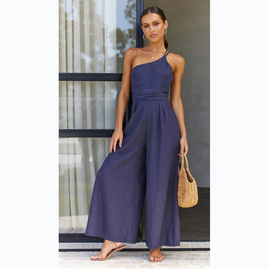 Damen Jumpsuit im modischen Wickeldesign mit weitem Bein und schulterfreiem Schnitt