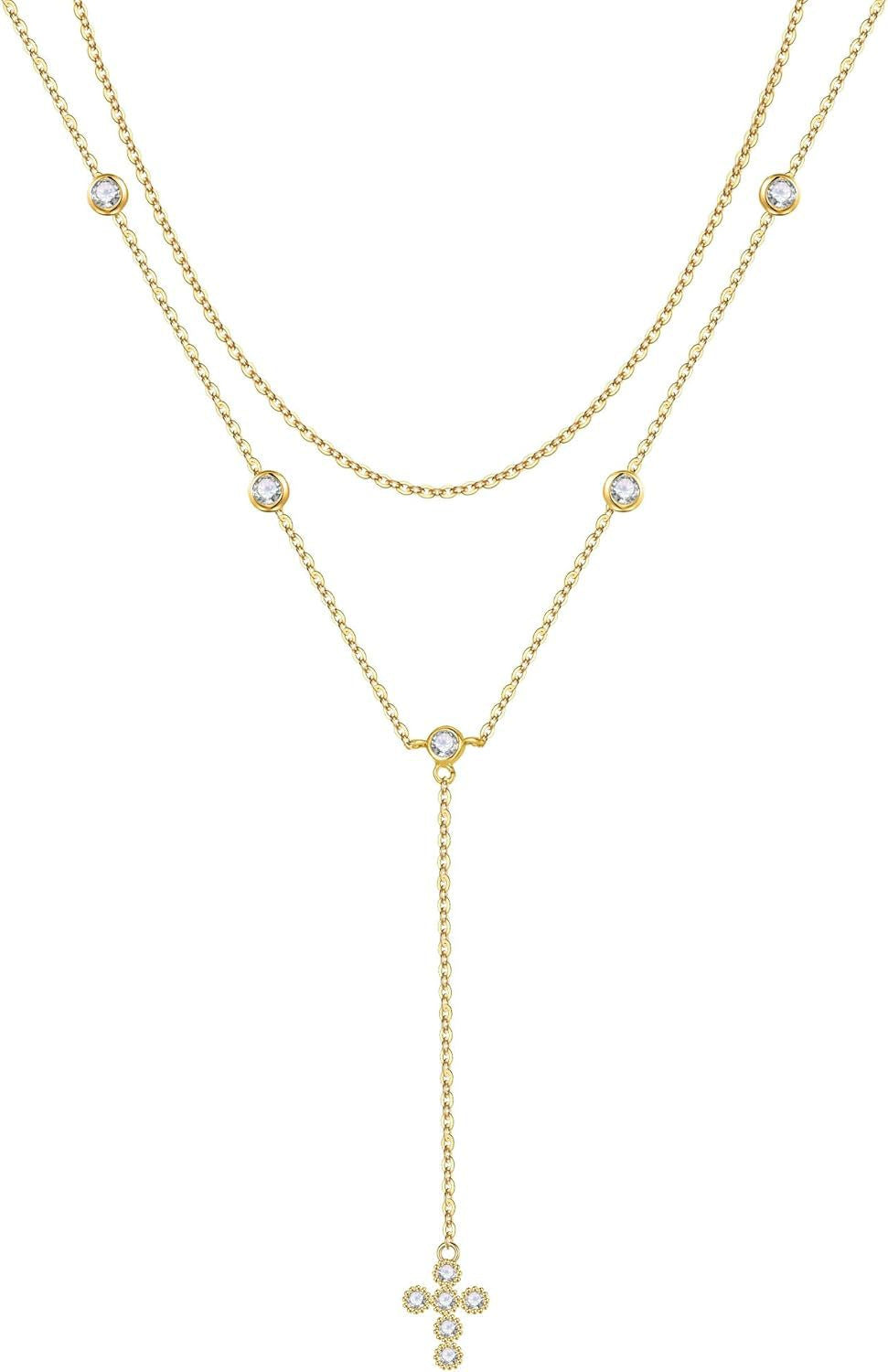 Damen moderne Layered Halskette mit funkelndem Kreuz-Anhänger und eleganter Kette Shop Nory