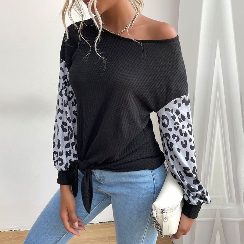 Damen Lässiges Shirt mit Waffelstruktur, Leoparden-Ärmeln und Knotenfront Shop Nory