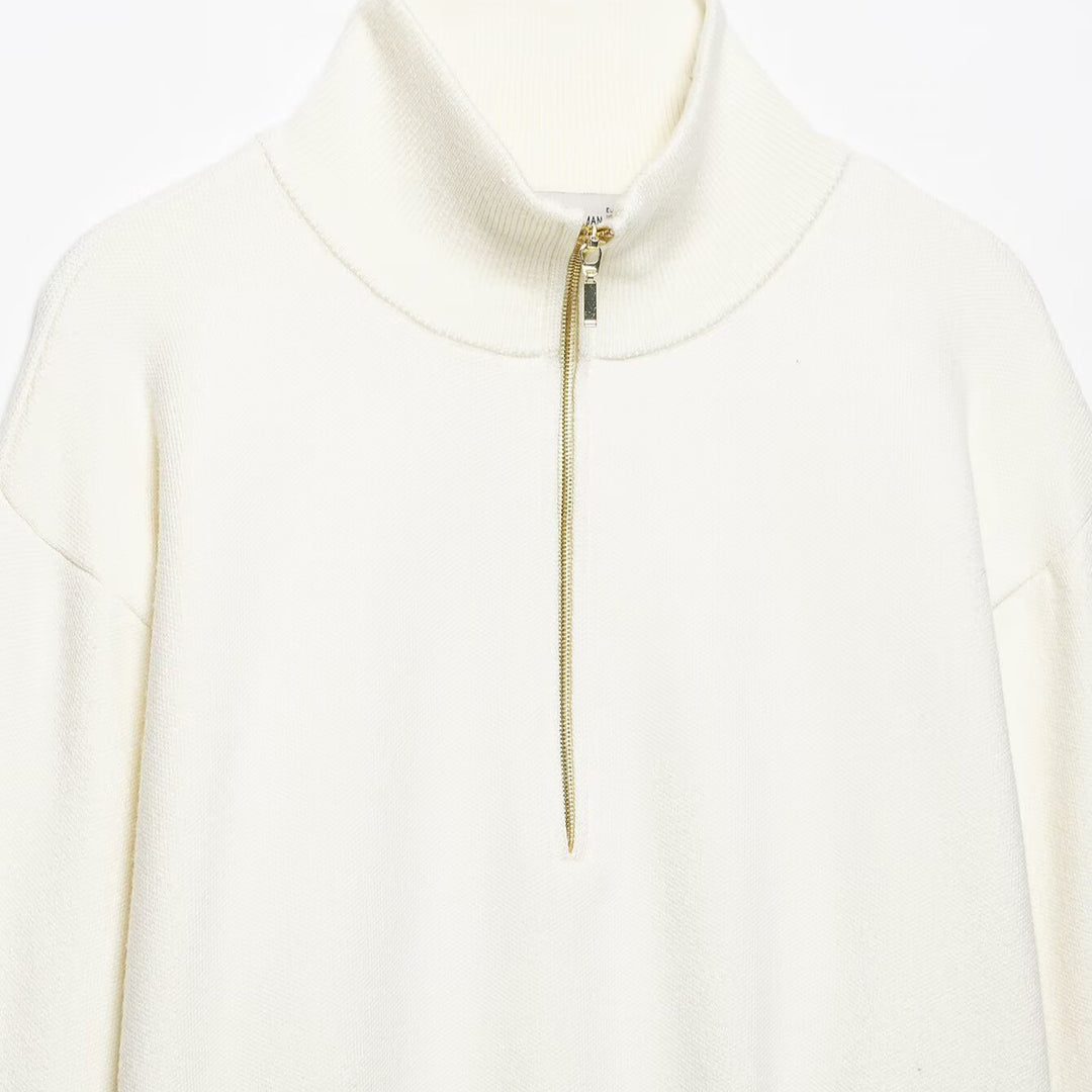 Damen Grobstrick-Pullover mit halbem Reißverschluss, Stehkragen und überschnittenen Ärmeln Shop Nory