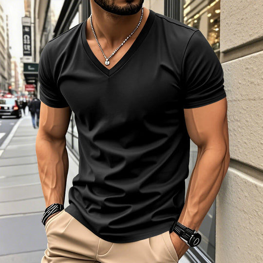 Herren nan klassisches V-Ausschnitt T-Shirt aus feinem Baumwolljersey mit verstärktem Nackenband und Doppelnaht Shopnory