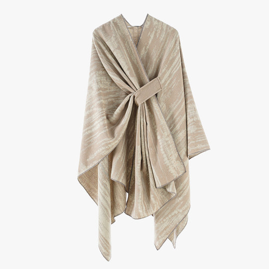 Damen Jacquard-Capeponcho mit dekorativem Bindegürtel und asymmetrischem Saum Shop Nory
