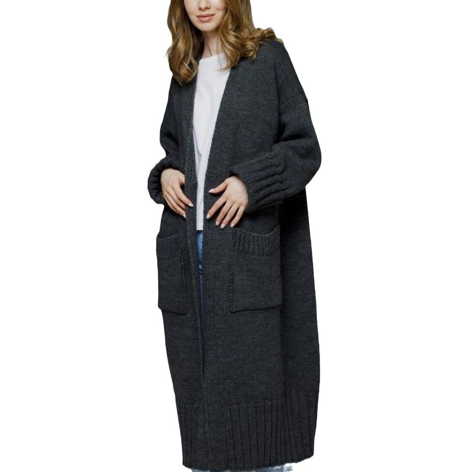 Damen bequemer langer Strickcardigan mit Taschen und breiten Ärmeln