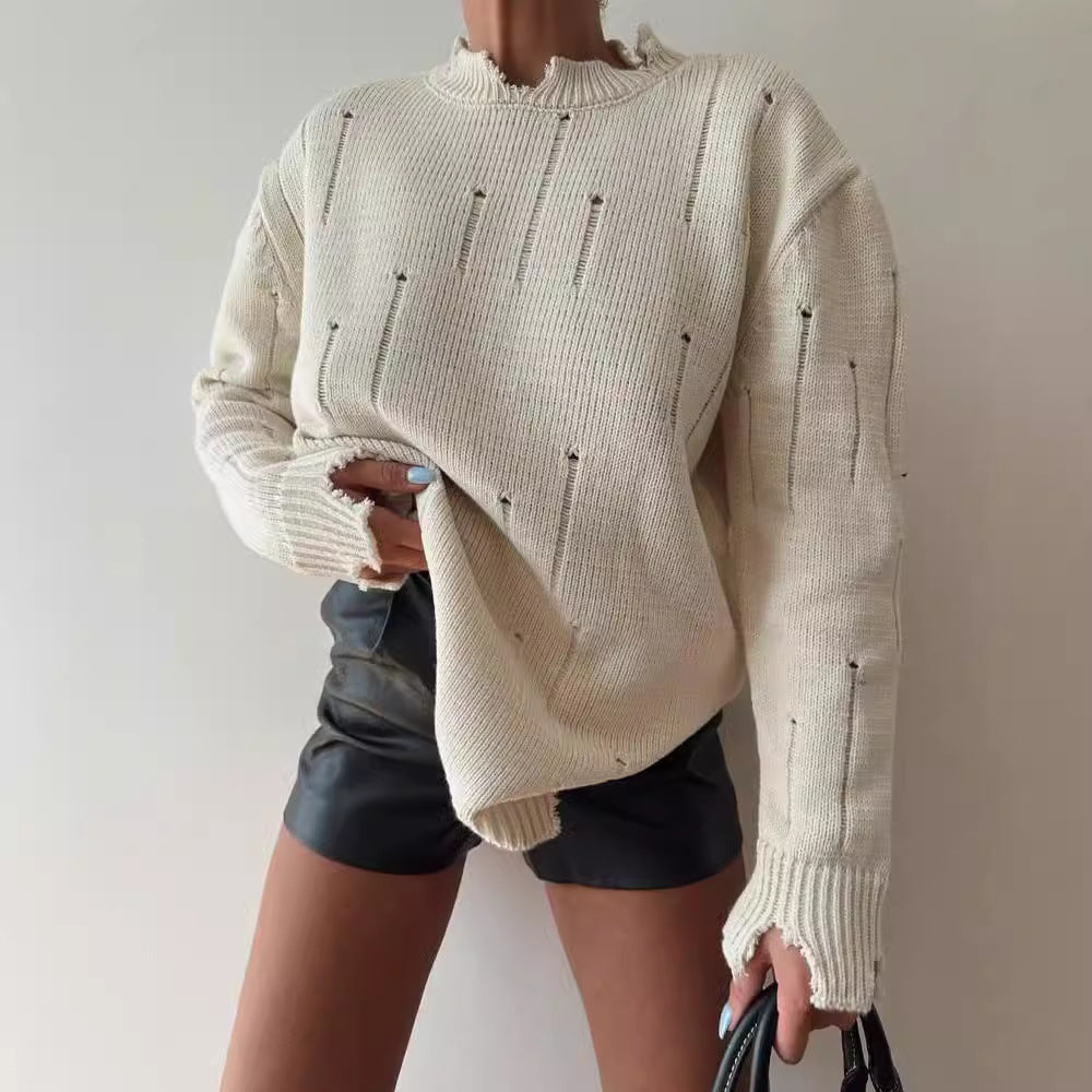 Damen Oversized Grobstrickpullover mit Distressed-Details und geripptem Saum Shop Nory