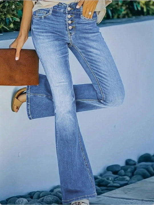 Damen taillenhohe Schlagjeans mit dekorativer Knopfleiste und sculptendem Sitz Shop Nory
