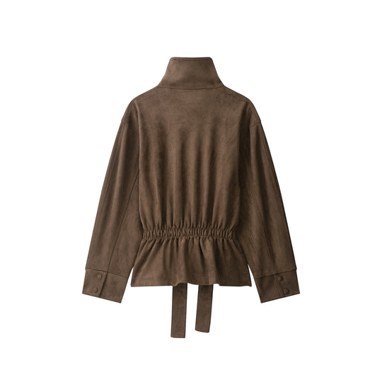 Damen Kurze Velourslederjacke mit hohem Stehkragen und Bindegürtel Shop Nory