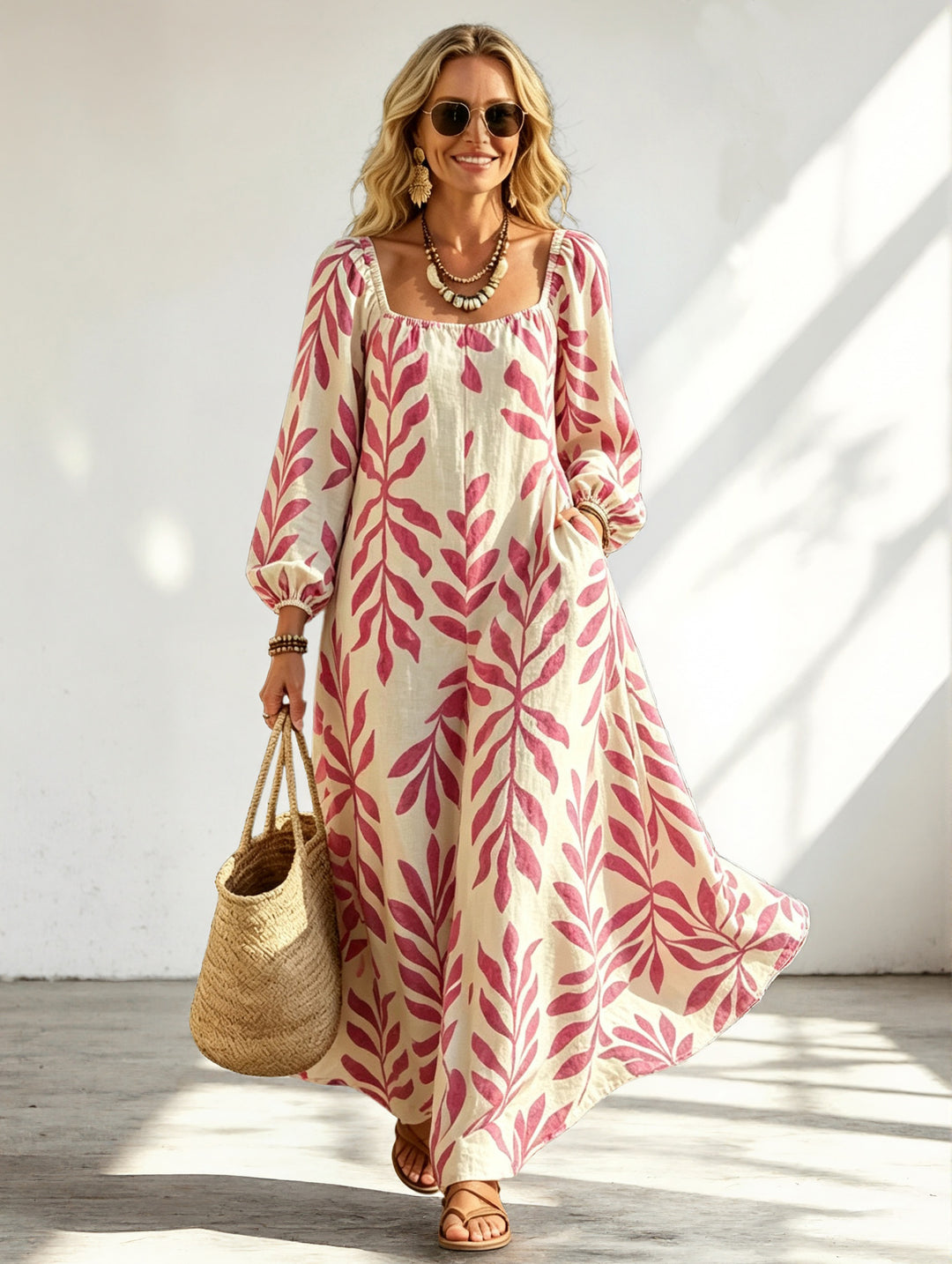 Damen Maxikleid mit quadratischem Ausschnitt, Ballonärmeln und botanischem Print Shop Nory